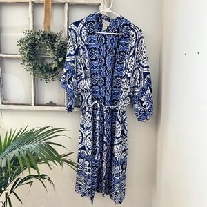 haute hippie rayon porcelain blue white reversible kimono belt robe cover up, M